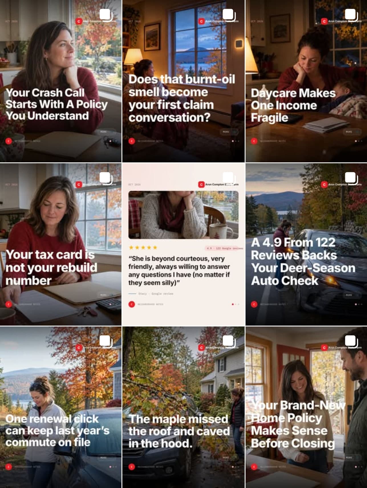 Nine Instagram posts from an insurance agency in New Hampshire, one a day from 8 to 16 October. Fall scenes with headlines about crash calls, home rebuild costs, renewals and a customer review.