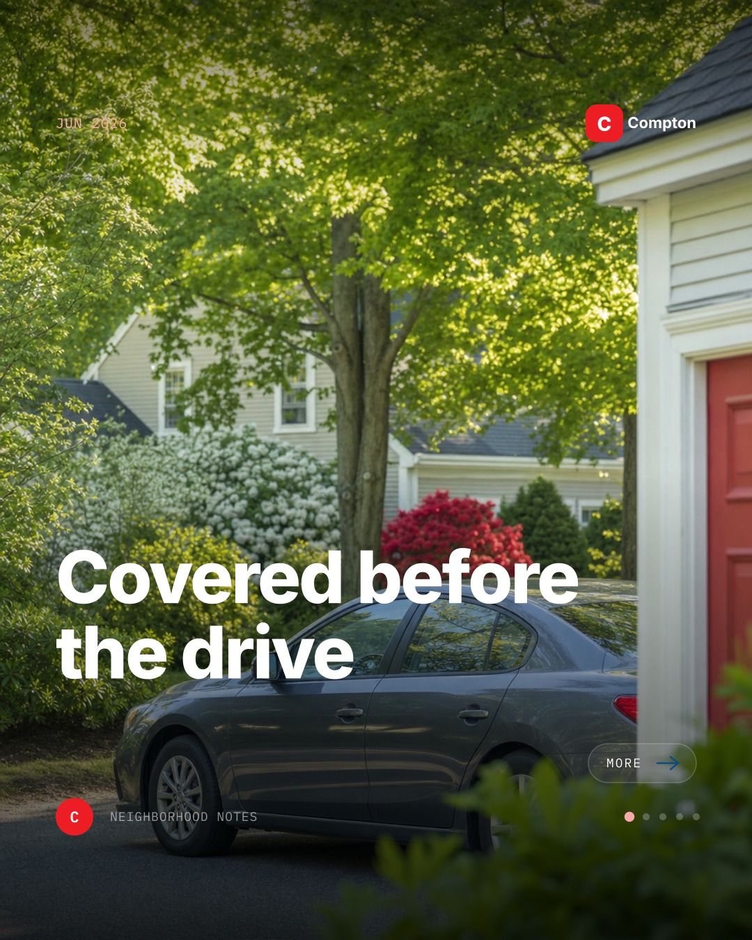 Aron Compton Insurance auto coverage post with a generated photo of a car in a New Hampshire driveway and the headline Covered before the drive