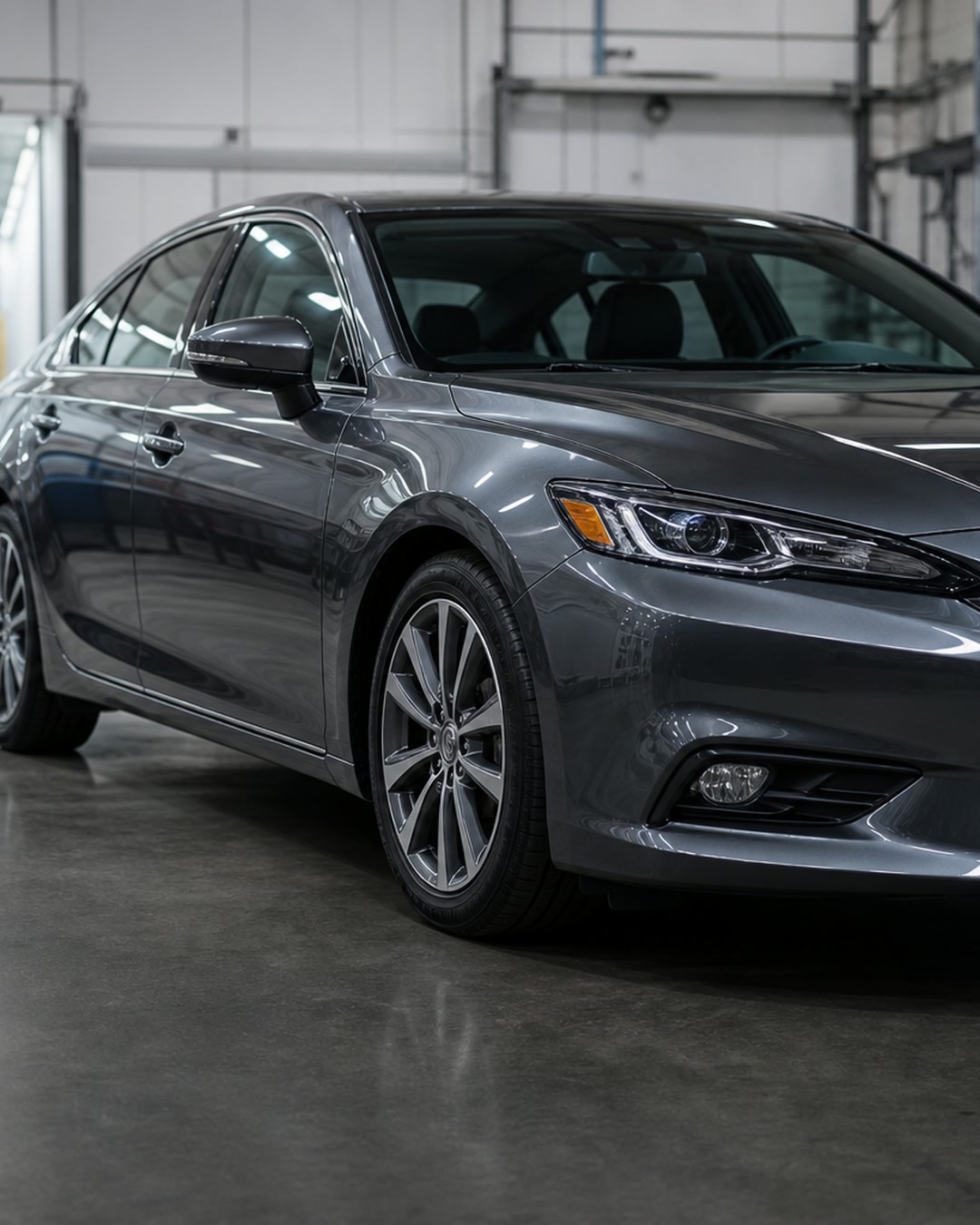 Auto body shop sample post with a generated photo of a freshly repaired sedan inside a collision shop and the headline Looks like it never happened